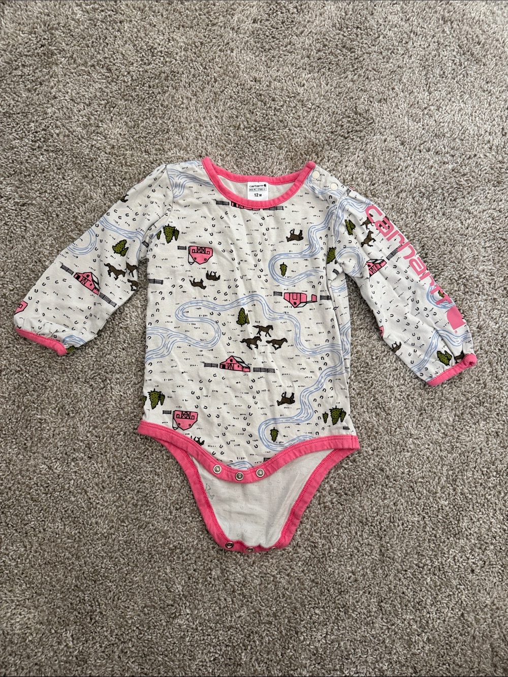 Carhartt Horse Farm Pink White Long Sleeve Snap Onesie - Size 12 Mo Girls